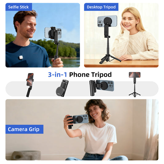 Mobilife Mini Selfie Stick 3 in 1 Grip Tripod Magnetic Phone Mount Rechargeable Bluetooth Remote Flexible Angle Adjustment Aluminum,Nylon+Fiber Compact Size for iPhone/Android Phone Vlog Travel
