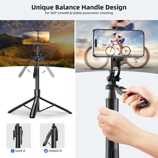Mobilife Long Selfie Stick Tripod 360° Rotation Balance Handle 62" Extended Mobile Tripod Aluminum Bluetooth Remote 3 in 1 Selfie Stand for Vlog Travel Smartphone Mirrorless Camera Gopro