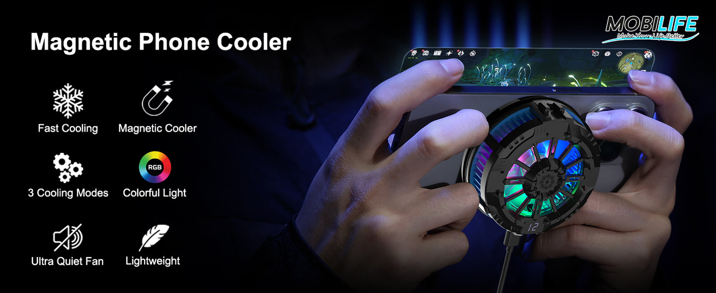 Mobilife Phone Cooler for Gaming, Magnetic Cooling Fan with 3 Level Modes, LCD Display & RGB Light, Semiconductor Technology