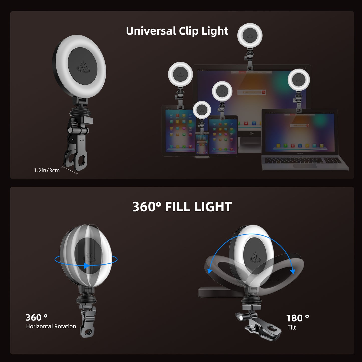 Selfie Ring Light for Tripod/Phone/Laptop LED Video Lamp with Clip Rechargeable 3 Color Dimmable Portable for Selfie Zoom Meeting Photography Vlogging