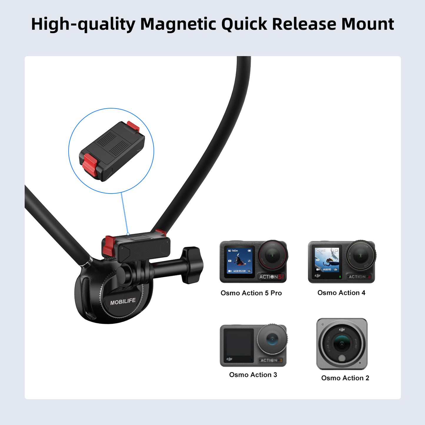MOBILIFE Neck Mount DJI Osmo Action Magnetic Quick-Release Mount Hands-Free POV Neck Holder Ergonomics Silicone Gooseneck Anti-Shake Chest Strap Air Cushion for DJI Osmo Action 5 Pro/4/3/2