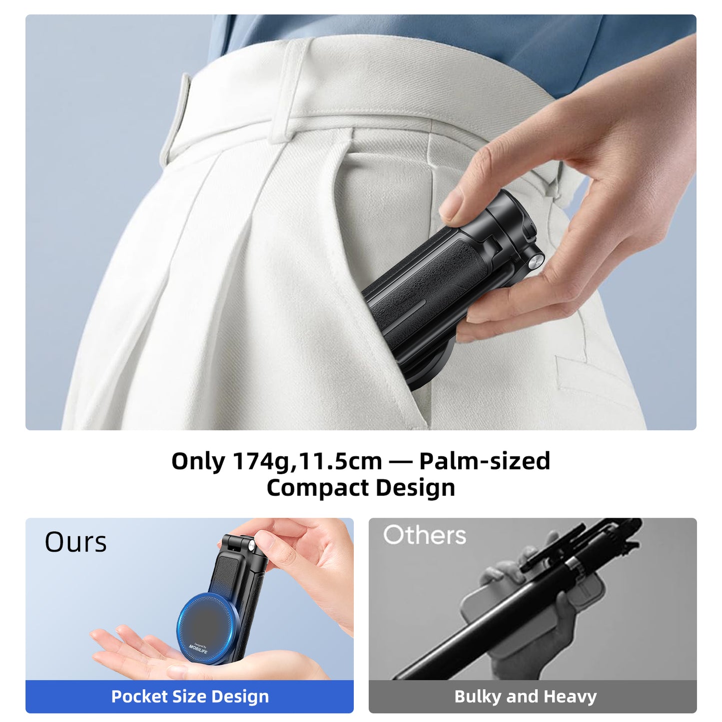 Mobilife Mini Selfie Stick 3 in 1 Grip Tripod Magnetic Phone Mount Rechargeable Bluetooth Remote Flexible Angle Adjustment Aluminum,Nylon+Fiber Compact Size for iPhone/Android Phone Vlog Travel