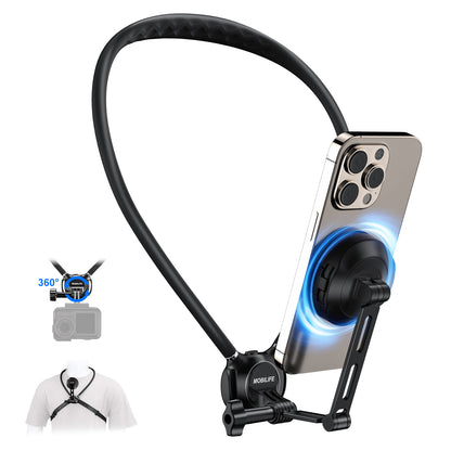 MOBILIFE Magnetic Neck Phone Holder Flexible Hands-Free POV Neck Mount with Chest Strap 360°Rotatable Adjustable Silicone Gooseneck Stand for Cellphone Action Camera Vlogging/Sports/Cooking/Recording
