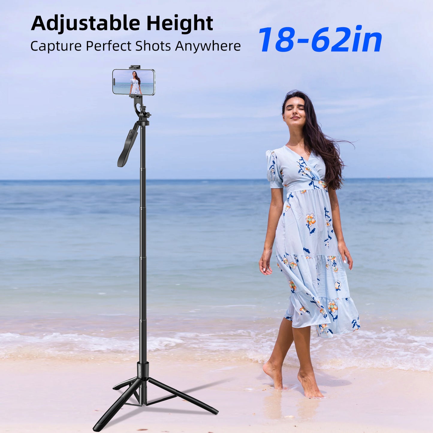 Mobilife Long Selfie Stick Tripod 360° Rotation Balance Handle 62" Extended Mobile Tripod Aluminum Bluetooth Remote 3 in 1 Selfie Stand for Vlog Travel Smartphone Mirrorless Camera Gopro
