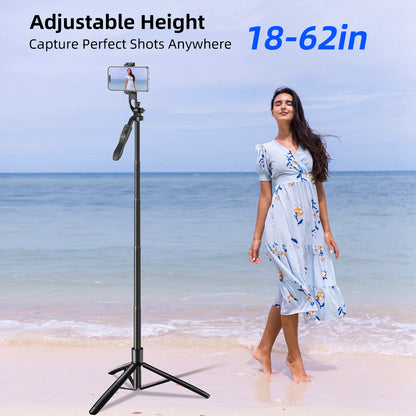 Mobilife Long Selfie Stick Tripod 360° Rotation Balance Handle 62" Extended Mobile Tripod Aluminum Bluetooth Remote 3 in 1 Selfie Stand for Vlog Travel Smartphone Mirrorless Camera Gopro