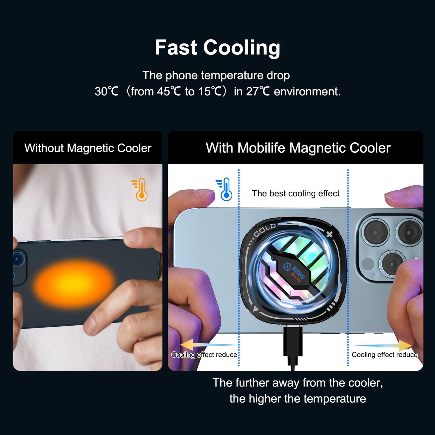 MOBILIFE Mobile Cooler, 15W Magnetic Cooling Fan for Gaming Phones, Instant Cooling with Semiconductor Technology