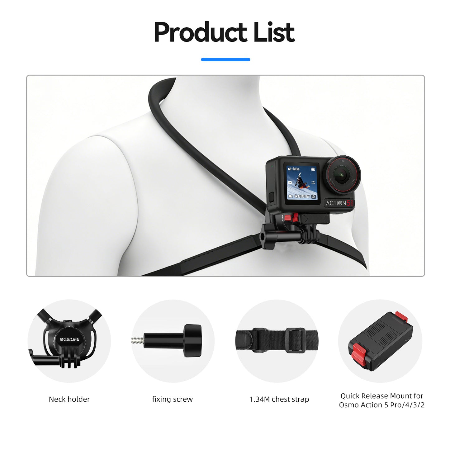 MOBILIFE Neck Mount DJI Osmo Action Magnetic Quick-Release Mount Hands-Free POV Neck Holder Ergonomics Silicone Gooseneck Anti-Shake Chest Strap Air Cushion for DJI Osmo Action 5 Pro/4/3/2