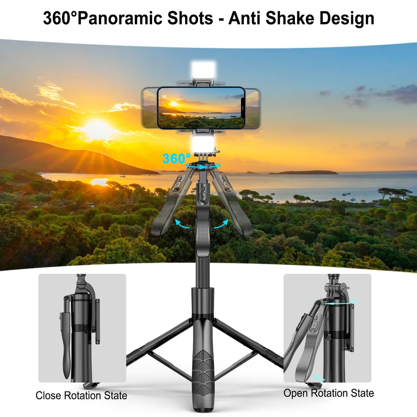 Mobilife 62-inch Selfie Stick Tripod 360° Rotation with Gimbal Handle Dual Fill Light with Bluetooth Remote