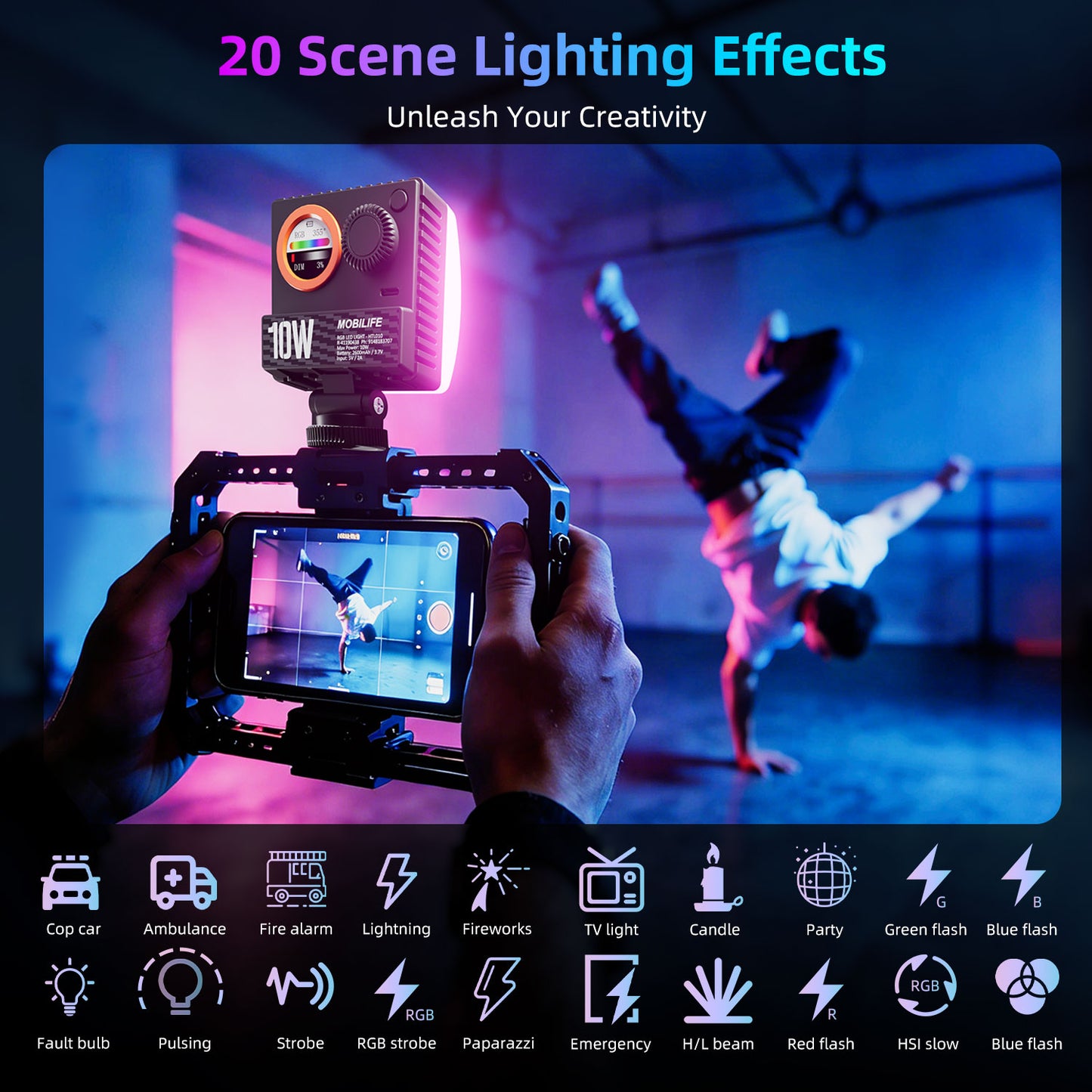 Mobilife 10W LED Video Light CCT/RGB Photography Lamp 20 Lighting Effect LCD Display 2600mAh Battery 1200LUX/0.5m 1800K-9000K Soft Diffuser Clip for Vlogging Influencer Camera Mobile Phone Tripod