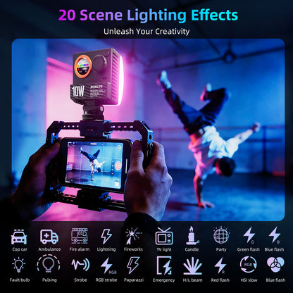 Mobilife 10W LED Video Light CCT/RGB Photography Lamp 20 Lighting Effect LCD Display 2600mAh Battery 1200LUX/0.5m 1800K-9000K Soft Diffuser Clip for Vlogging Influencer Camera Mobile Phone Tripod