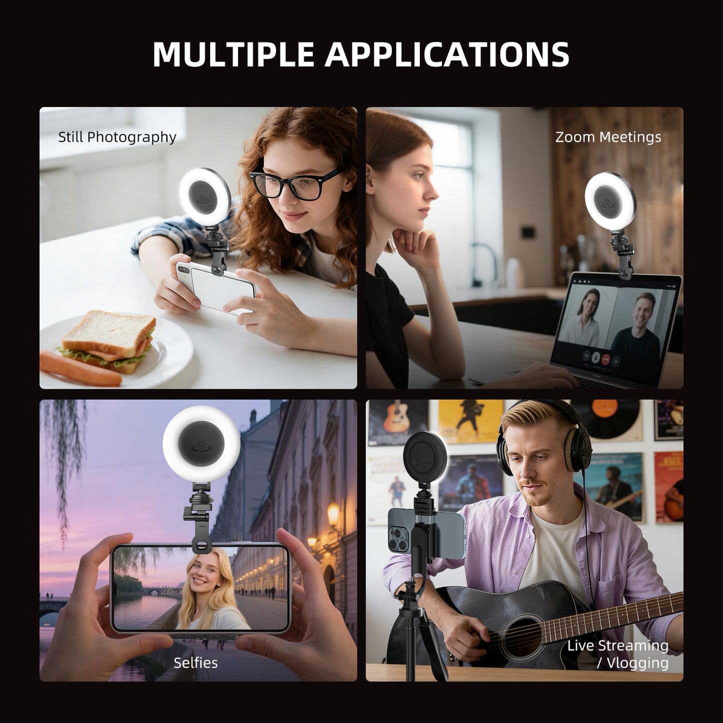 Selfie Ring Light for Tripod/Phone/Laptop LED Video Lamp with Clip Rechargeable 3 Color Dimmable Portable for Selfie Zoom Meeting Photography Vlogging