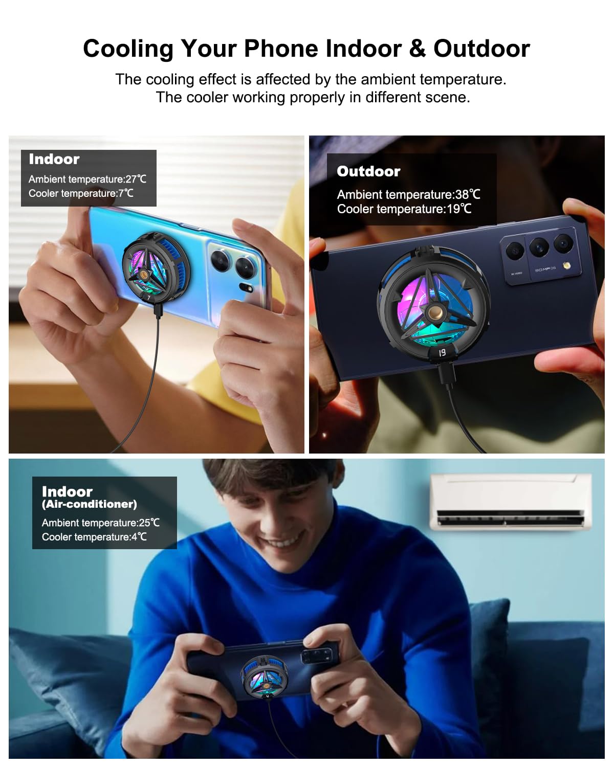 MOBILIFE Mobile Cooler with 1/4" Screw Hole, 3 Cooling Modes, LCD Display, RGB Light, Semiconductor Technology