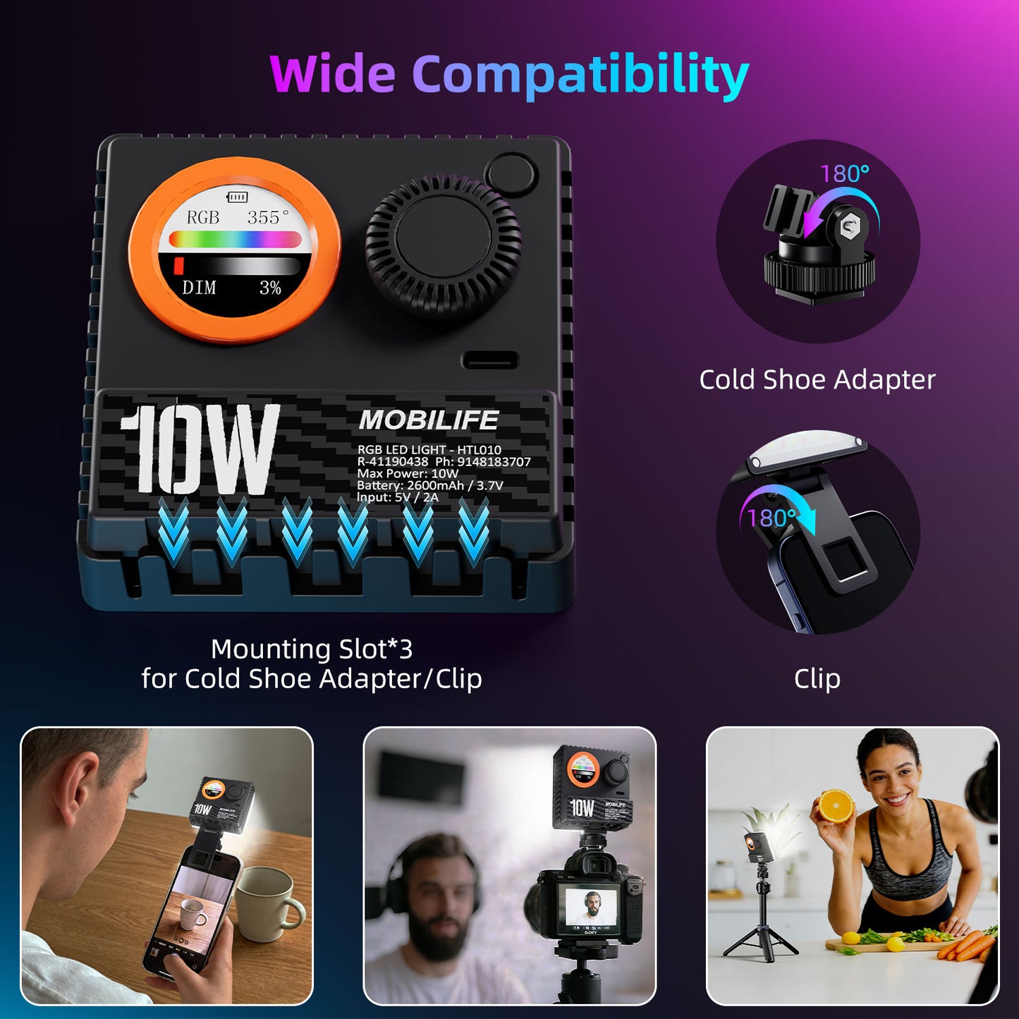 Mobilife 10W LED Video Light CCT/RGB Photography Lamp 20 Lighting Effect LCD Display 2600mAh Battery 1200LUX/0.5m 1800K-9000K Soft Diffuser Clip for Vlogging Influencer Camera Mobile Phone Tripod