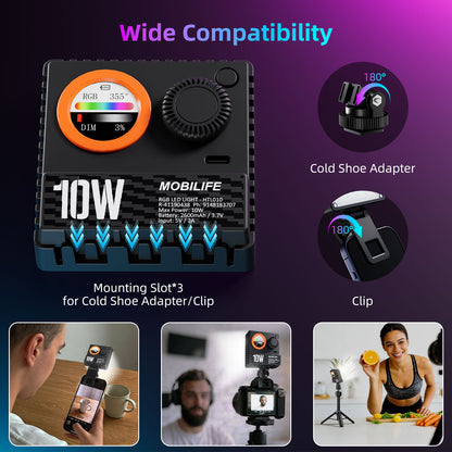 Mobilife 10W LED Video Light CCT/RGB Photography Lamp 20 Lighting Effect LCD Display 2600mAh Battery 1200LUX/0.5m 1800K-9000K Soft Diffuser Clip for Vlogging Influencer Camera Mobile Phone Tripod