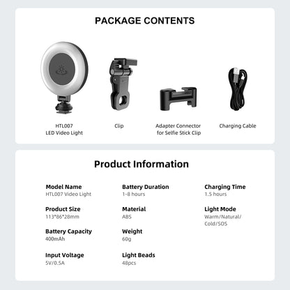 Selfie Ring Light for Tripod/Phone/Laptop LED Video Lamp with Clip Rechargeable 3 Color Dimmable Portable for Selfie Zoom Meeting Photography Vlogging