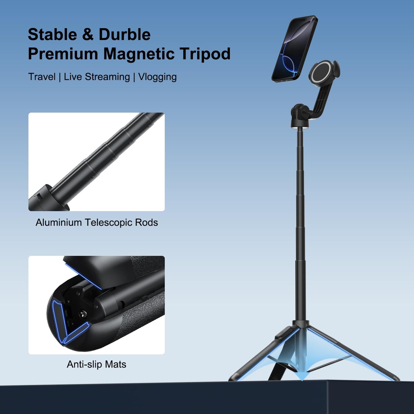 Mobilife Magnetic Selfie Stick Tripod 64" Long Tripod Stand for Magsafe iPhone 360 Degree Rotation for Camera, gopro etc.,