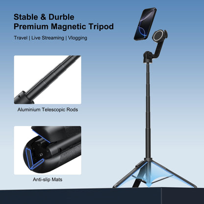 Mobilife Magnetic Selfie Stick Tripod 64" Long Tripod Stand for Magsafe iPhone 360 Degree Rotation for Camera, gopro etc.,