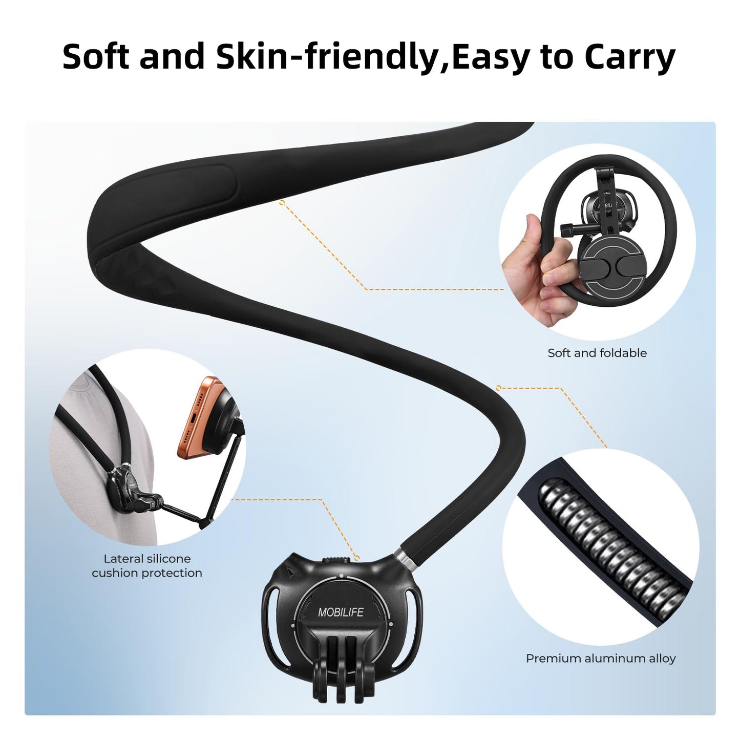 MOBILIFE Magnetic Neck Phone Holder Flexible Hands-Free POV Neck Mount with Chest Strap 360°Rotatable Adjustable Silicone Gooseneck Stand for Cellphone Action Camera Vlogging/Sports/Cooking/Recording
