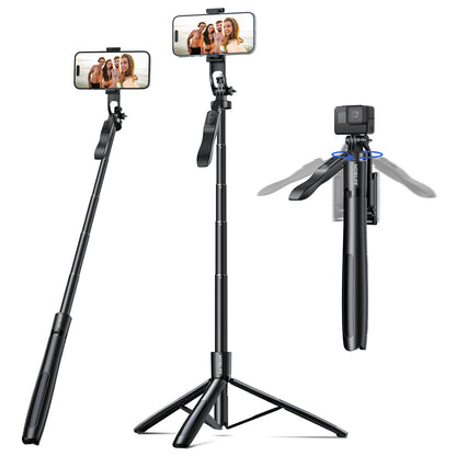 Mobilife Long Selfie Stick Tripod 360° Rotation Balance Handle 62" Extended Mobile Tripod Aluminum Bluetooth Remote 3 in 1 Selfie Stand for Vlog Travel Smartphone Mirrorless Camera Gopro