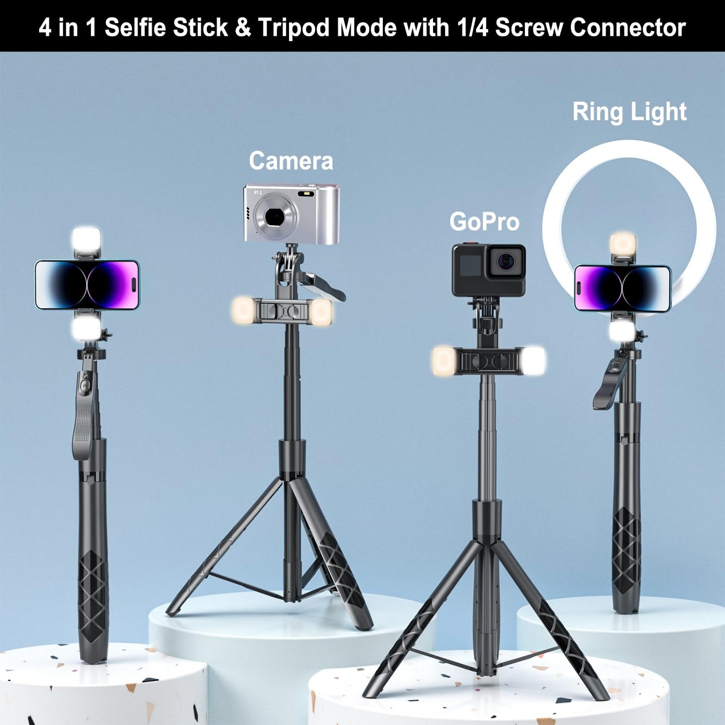 Mobilife 62-inch Selfie Stick Tripod 360° Rotation with Gimbal Handle Dual Fill Light with Bluetooth Remote