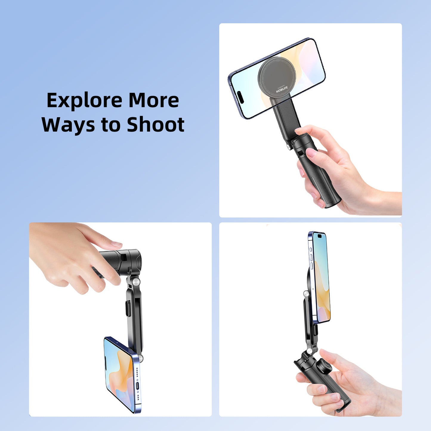 Mobilife Mini Selfie Stick 3 in 1 Grip Tripod Magnetic Phone Mount Rechargeable Bluetooth Remote Flexible Angle Adjustment Aluminum,Nylon+Fiber Compact Size for iPhone/Android Phone Vlog Travel