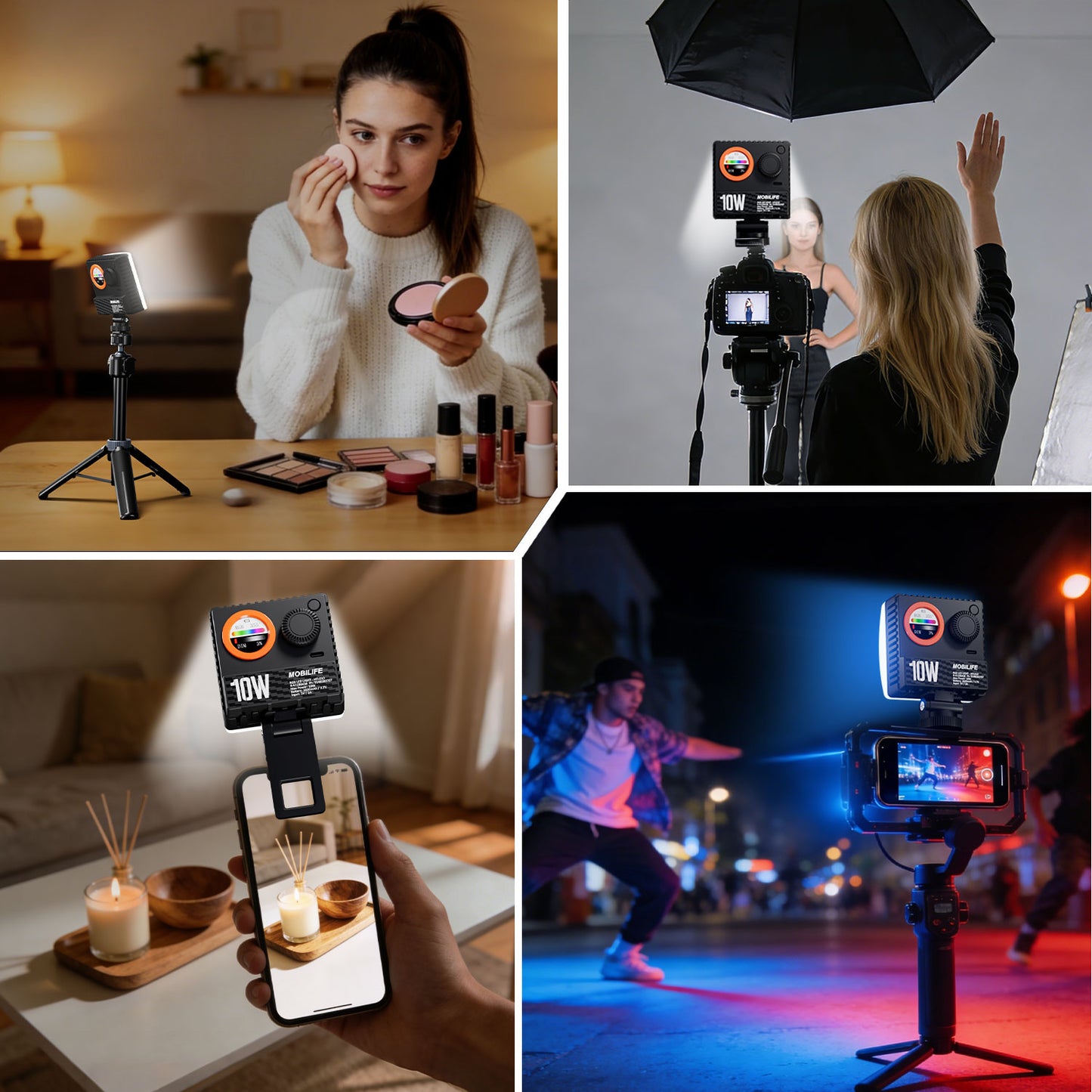 Mobilife 10W LED Video Light CCT/RGB Photography Lamp 20 Lighting Effect LCD Display 2600mAh Battery 1200LUX/0.5m 1800K-9000K Soft Diffuser Clip for Vlogging Influencer Camera Mobile Phone Tripod
