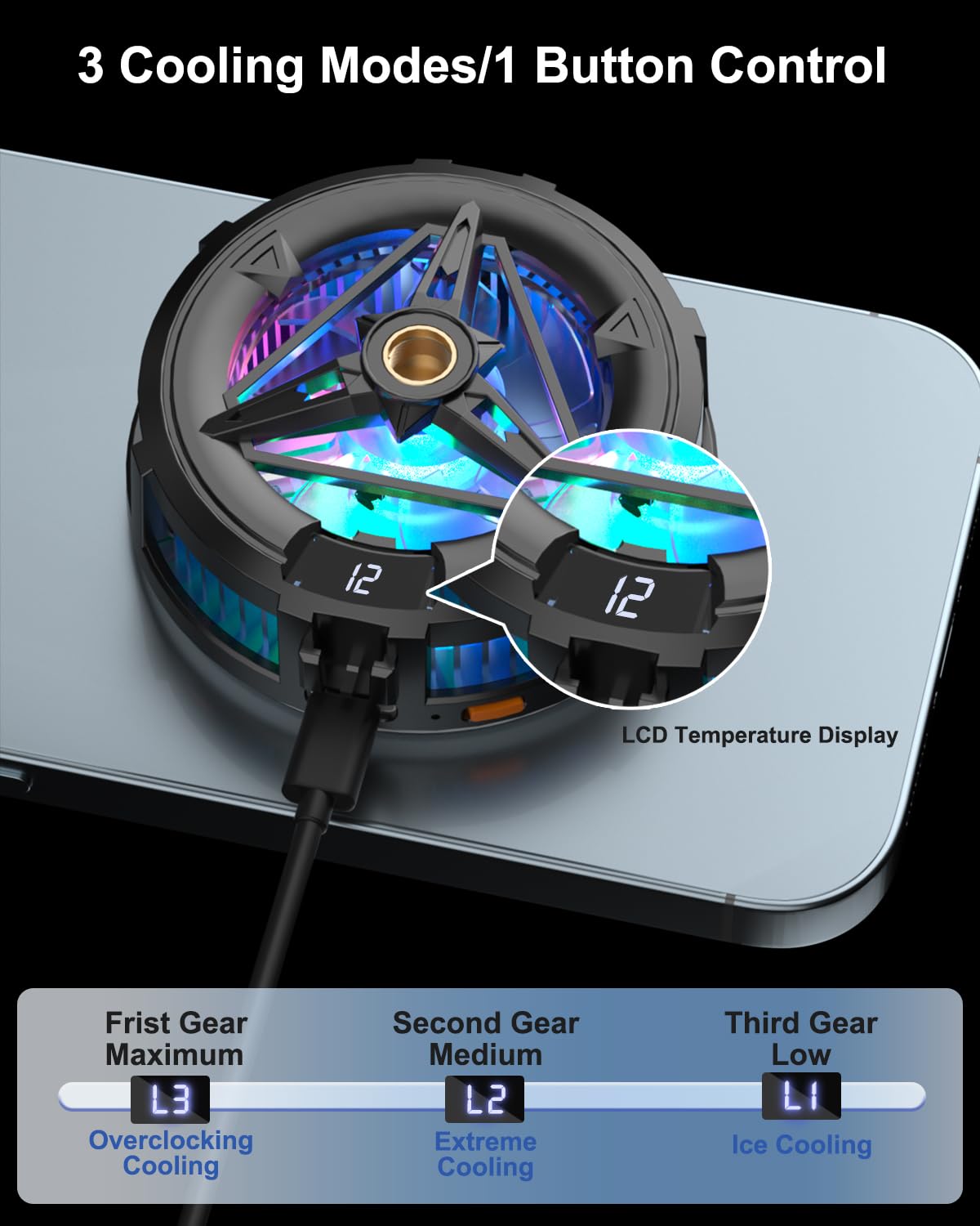 MOBILIFE Mobile Cooler with 1/4" Screw Hole, 3 Cooling Modes, LCD Display, RGB Light, Semiconductor Technology