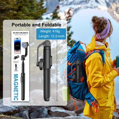 Mobilife Magnetic Selfie Stick Tripod 64" Long Tripod Stand for Magsafe iPhone 360 Degree Rotation for Camera, gopro etc.,