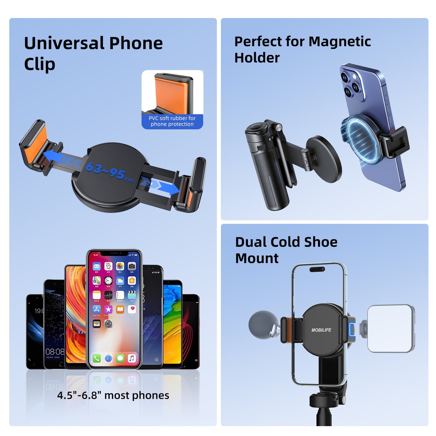 Mobilife Mini Selfie Stick 3 in 1 Grip Tripod Magnetic Phone Mount Rechargeable Bluetooth Remote Flexible Angle Adjustment Aluminum,Nylon+Fiber Compact Size for iPhone/Android Phone Vlog Travel