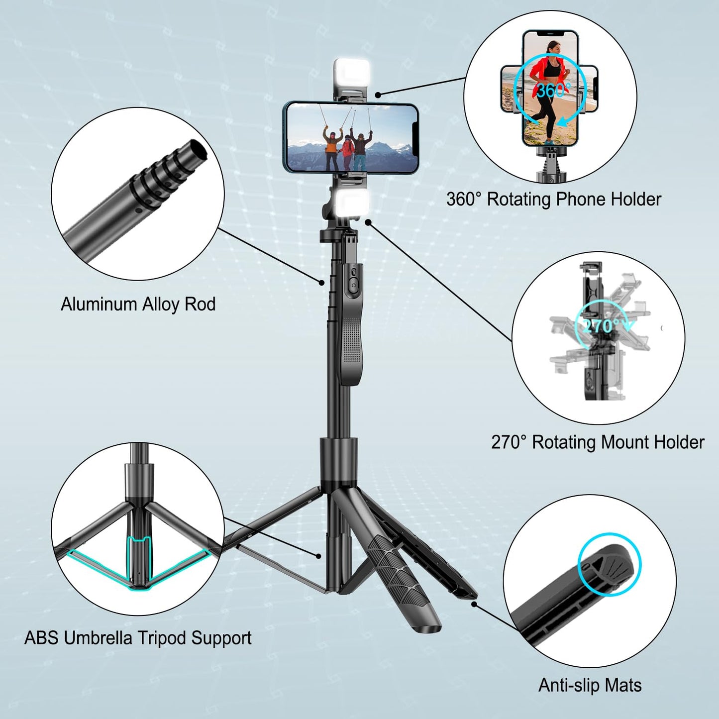 Mobilife 62-inch Selfie Stick Tripod 360° Rotation with Gimbal Handle Dual Fill Light with Bluetooth Remote