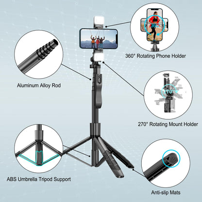 Mobilife 62-inch Selfie Stick Tripod 360° Rotation with Gimbal Handle Dual Fill Light with Bluetooth Remote
