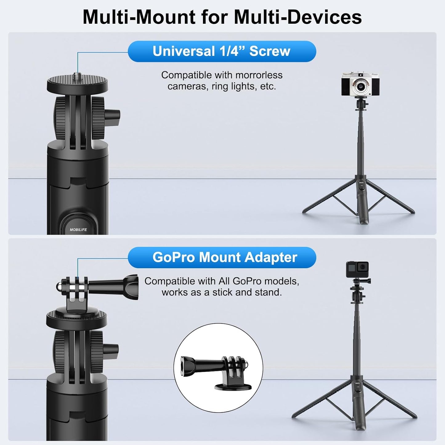 Mobilife 64" Multi-Function Selfie Stick Tripod Long Selfie Stick Multiple Mount for Camera, Gopro, Fill Light Aluminum