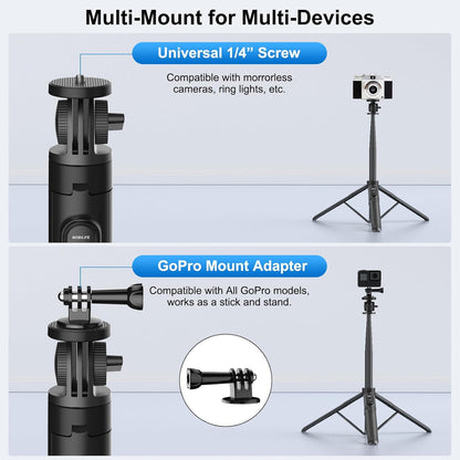 Mobilife 64" Multi-Function Selfie Stick Tripod Long Selfie Stick Multiple Mount for Camera, Gopro, Fill Light Aluminum
