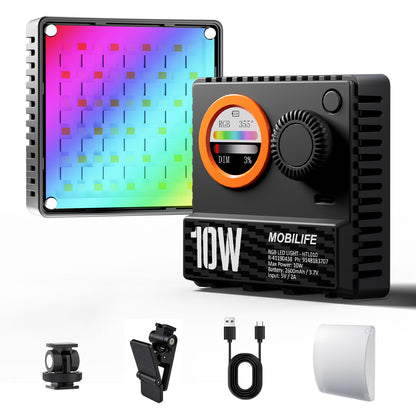 Mobilife 10W LED Video Light CCT/RGB Photography Lamp 20 Lighting Effect LCD Display 2600mAh Battery 1200LUX/0.5m 1800K-9000K Soft Diffuser Clip for Vlogging Influencer Camera Mobile Phone Tripod