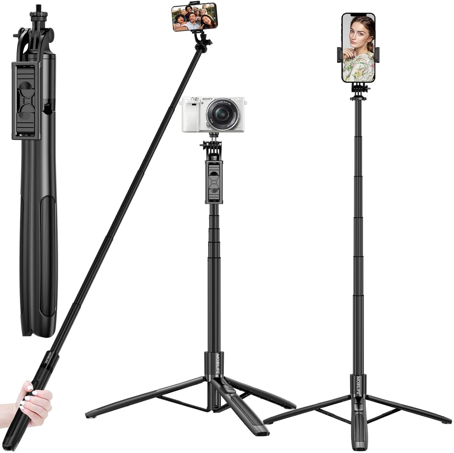 Mobilife Long Selfie Stick with Tripod Stand Aluminum 61 inch Multifunctional Bluetooth Tripod for Mobile Phone