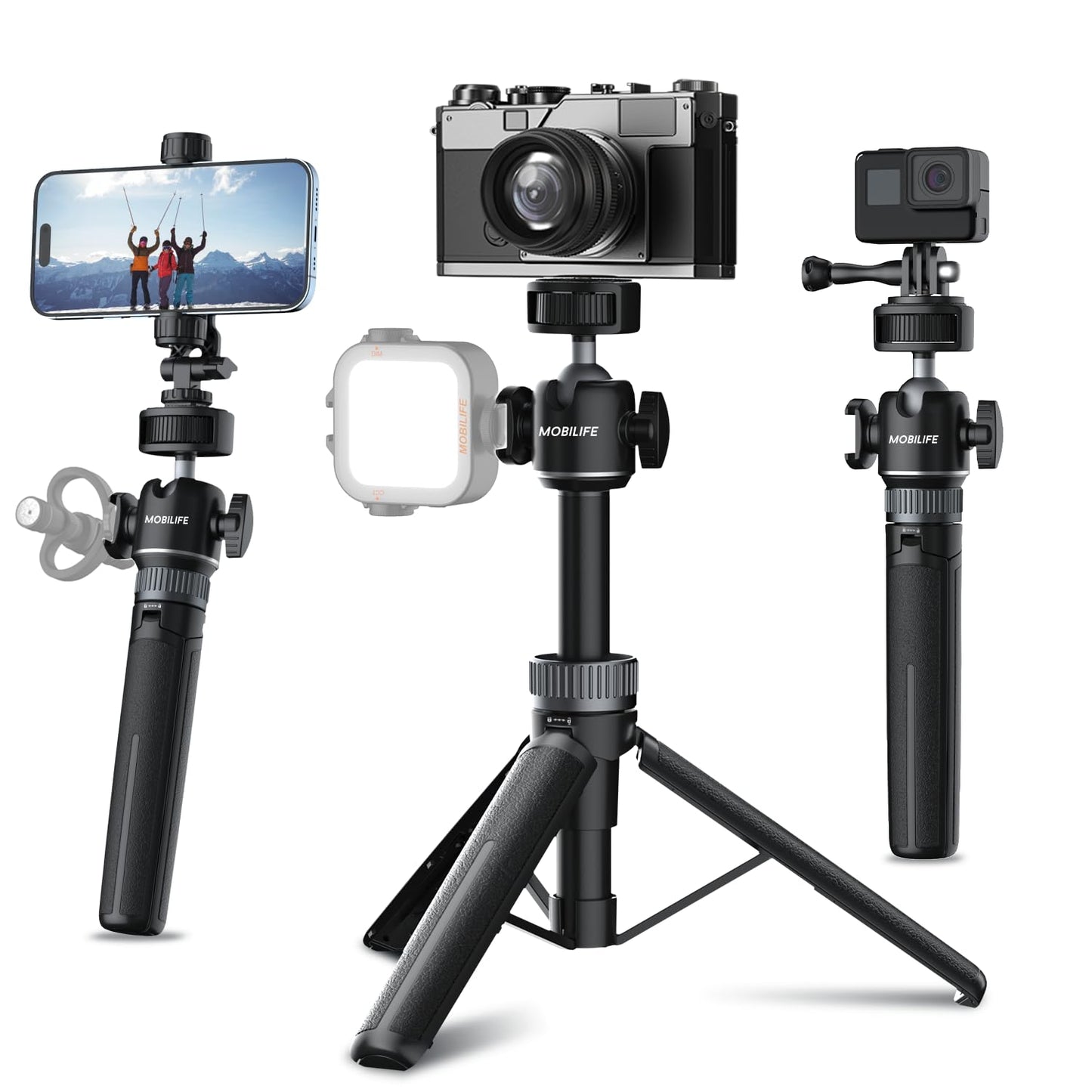 Mobilife Small Camera Extendable Tripod with 2 in 1 Tripod Stand with Cold Shoe for Mirrorless/Action Camera, Phone