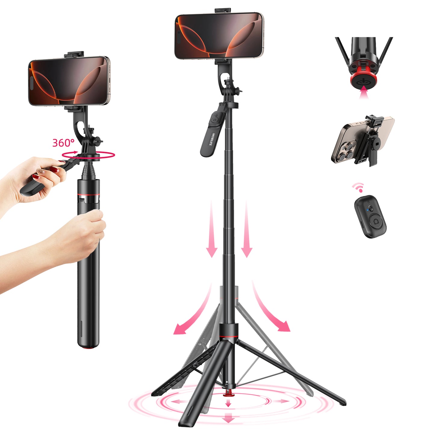 Mobilife 70 inch Selfie Stick Auto Opening Tripod 360° Rotating Balance Handle Bluetooth Remote 1/4" Screw for Camera Gopro Fill Light Aluminum Extended Rod Detachable Mobile Holder