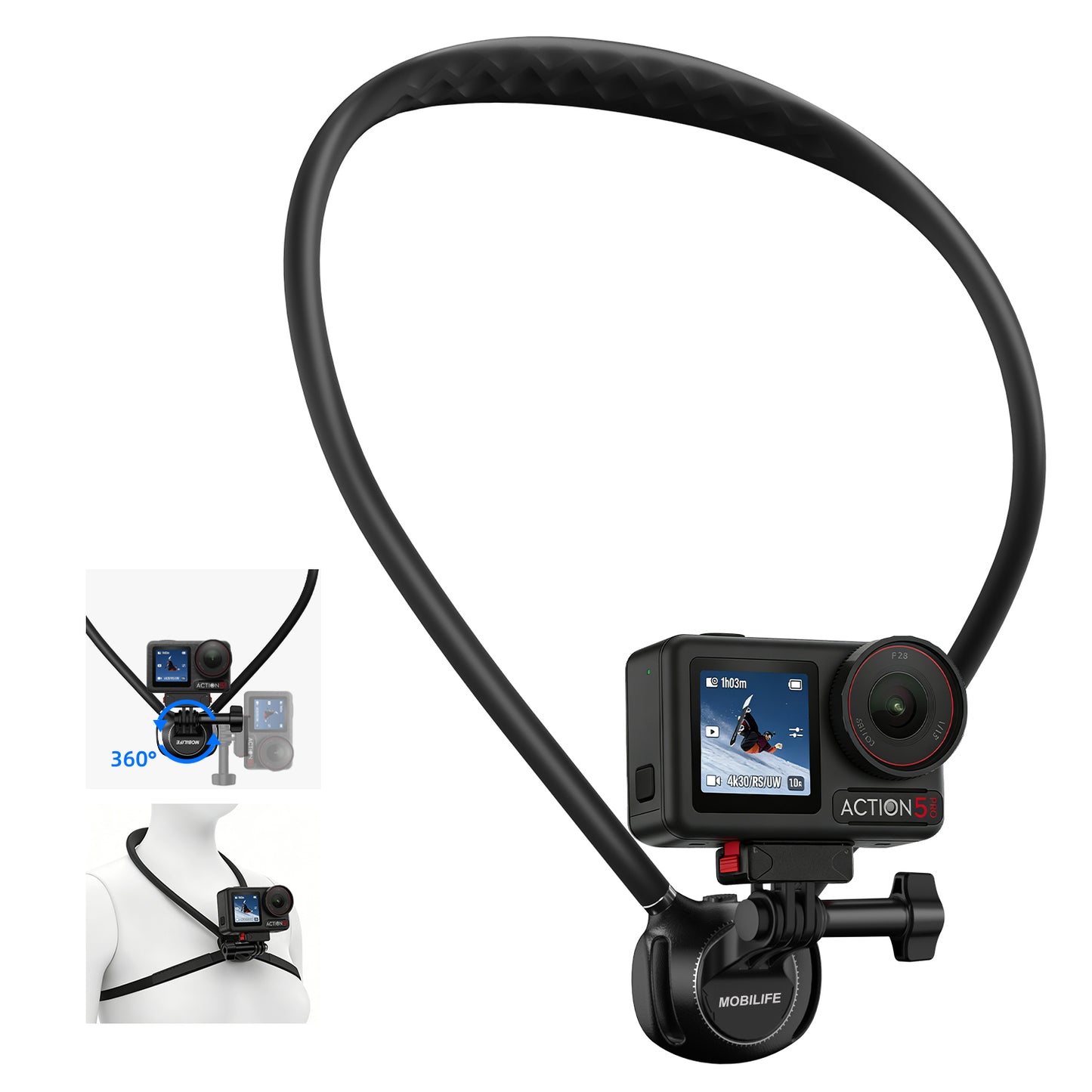 MOBILIFE Neck Mount DJI Osmo Action Magnetic Quick-Release Mount Hands-Free POV Neck Holder Ergonomics Silicone Gooseneck Anti-Shake Chest Strap Air Cushion for DJI Osmo Action 5 Pro/4/3/2