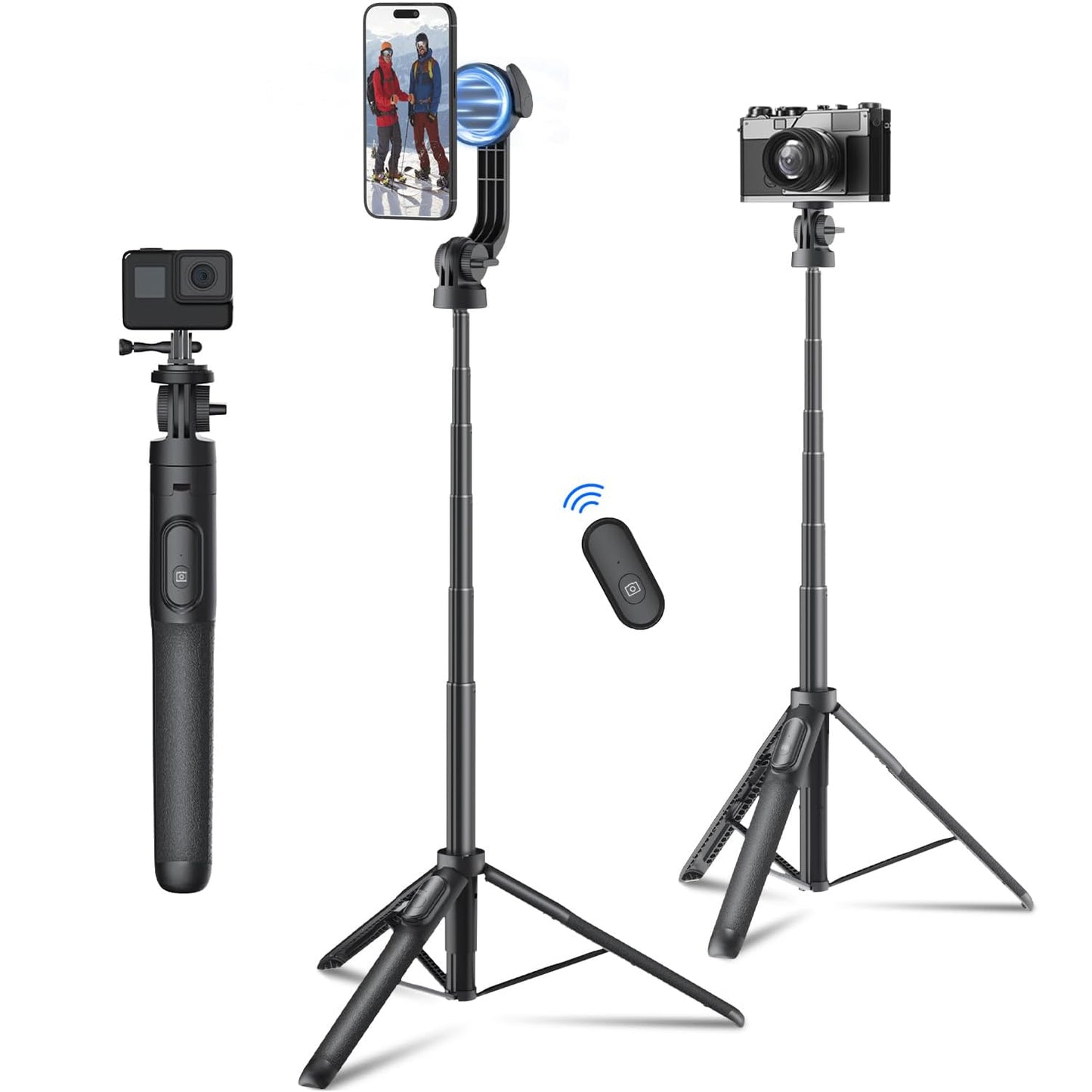 Mobilife Magnetic Selfie Stick Tripod 64" Long Tripod Stand for Magsafe iPhone 360 Degree Rotation for Camera, gopro etc.,